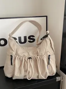 Sweet & Edgy Drawstring Pleated Tote Bag for Women Waterproof Nylon Multi-Compartment Shoulder Bag Crossbody Hobo Bag Stylish Versatile Commuter Crossbody Bag College Back-to-School Backpack