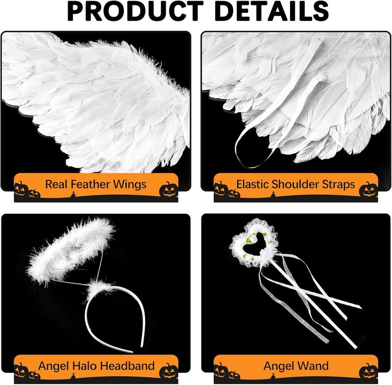 Angel Wings and Halo Set - Feathered Angel Halo Headband, Angel Wings and Wand - Halloween Costumes