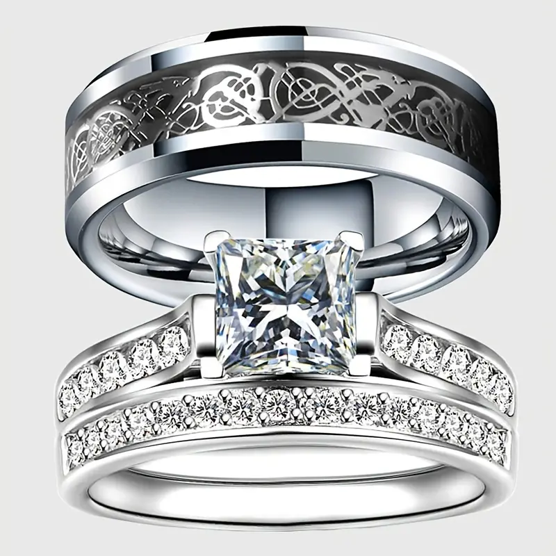 Stainless Steel Bridal Engagement Sets - Wedding Accessories for Couples, Valentine's Day Fashion Jewelry Gift, Bridal Ring Sets, Wedding Ring Sets