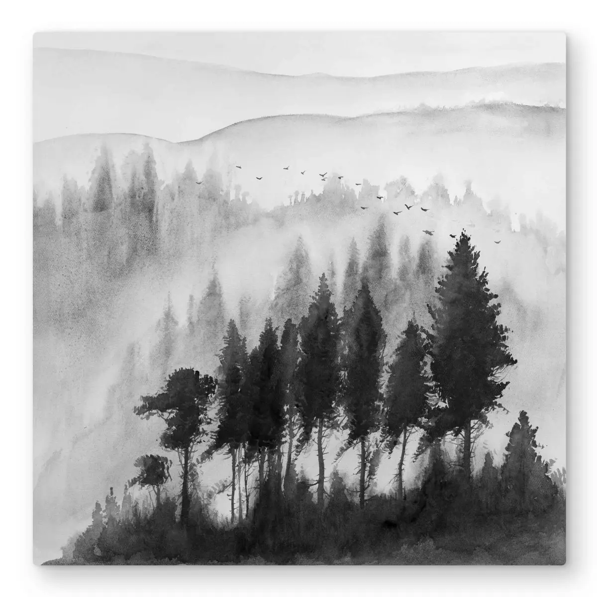 212 MAIN 32x32 in. Lightweight Aluminium Metal Wall Art Print - Artistic Nature Scene Wall Art Painting, Unique Mono Mountains Watercolor Artwork with Trees for Living Room Home Decoration, Artwork Prints, Landscape