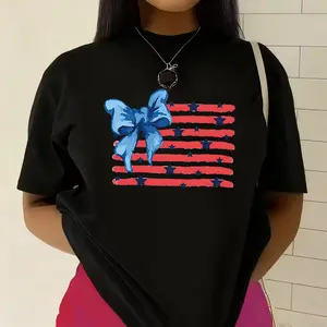 USA Flag Bow' Coquette Patriotic Print T-shirt American Y2K Style Casual Top