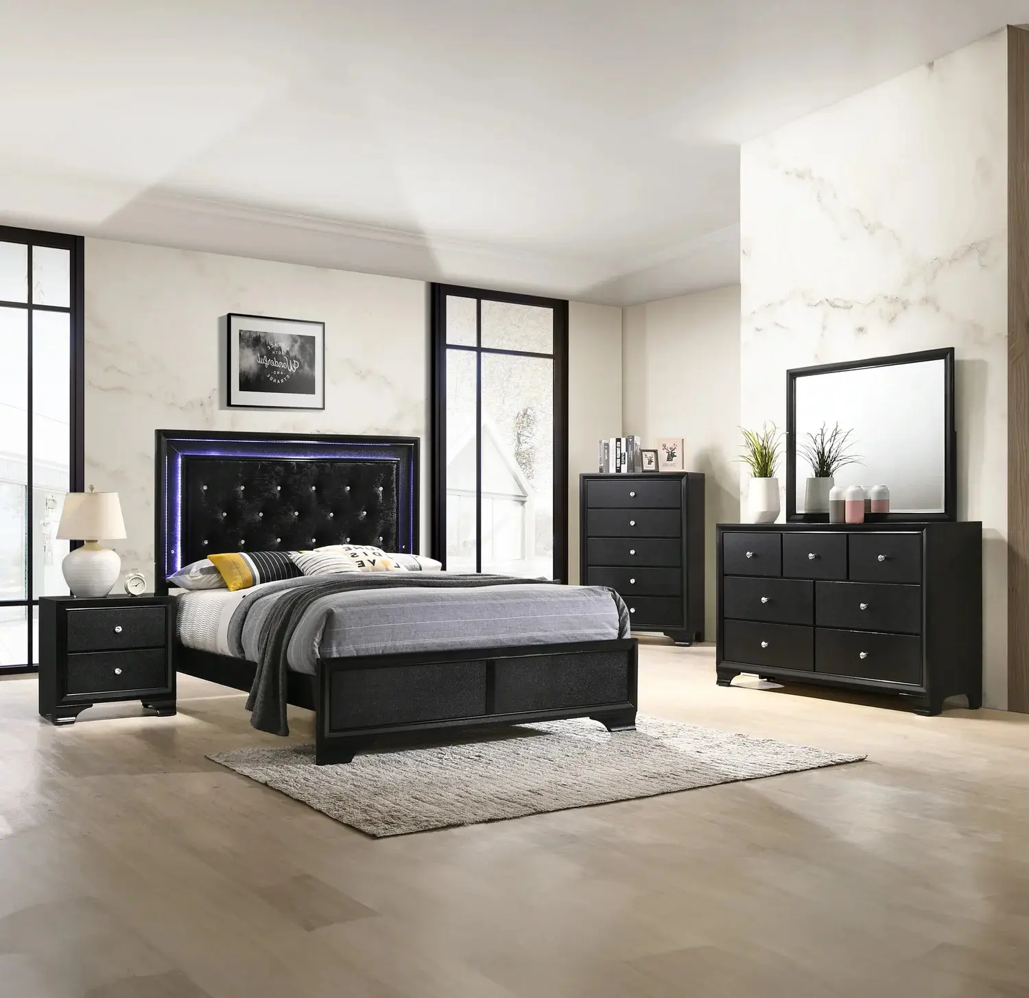 B4350 4 pc Micah modern black finish wood padded headboard LED bedroom set