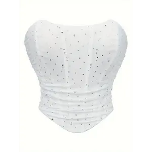 Sequin Decor Lace Up Corset Tube Top, Stylish Sweetheart Neck Strapless Top For Summer, Women's Clothing