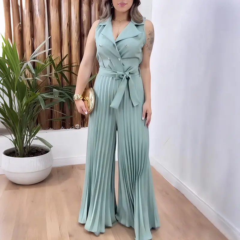 CHICME Women's Sleek Sleeveless Notched Collar Waist Tied Detail Jumpsuit Casual Wide Leg Pleated Romper for Wedding Guest & Wedding Elegant Elegance
