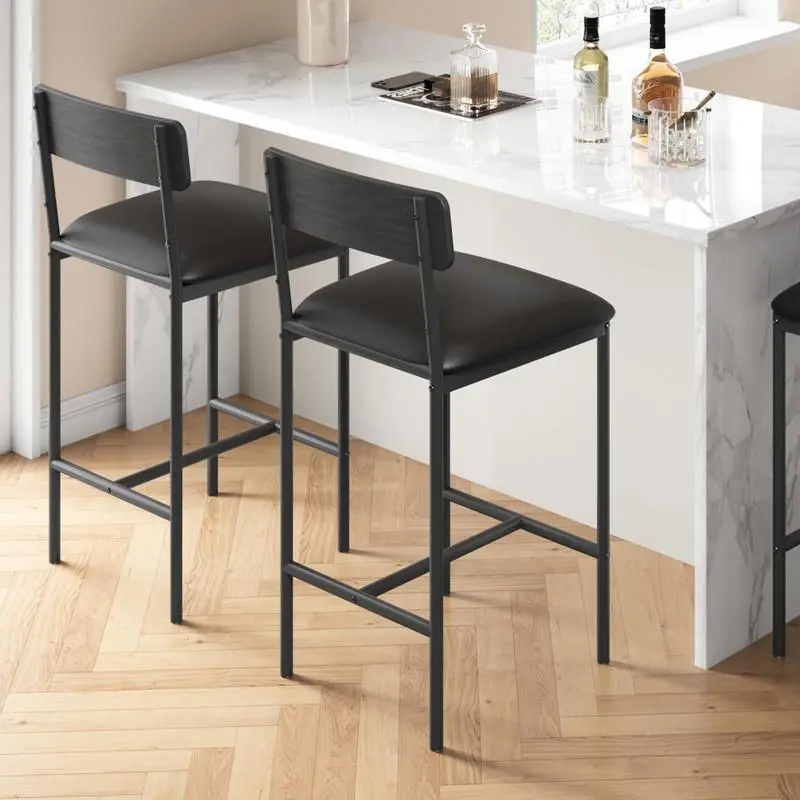 Bar Stools Set of 2, Rustic Black Kitchen Bar Stools with Footrest, 25.5 Inches Upholstered Bar Chairs with Back, Easy Assembly Furniture Home Modern Interior