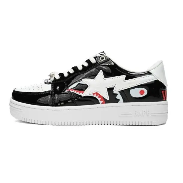 Non-slip Thick White Rubber Outsole Black White Patent Leather Sneakers Shark Star Graphic Print Lace Up Shoes For City Stroll Weekend Hang Shopping Trips