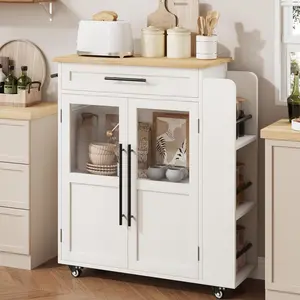 24" Kitchen Island, Multi-Functional Island Table with 2 Glass Door Cabinets and 1 Drawer, Counter Table with Spice Rack and Towel Bar for Kitchen and Dining Room