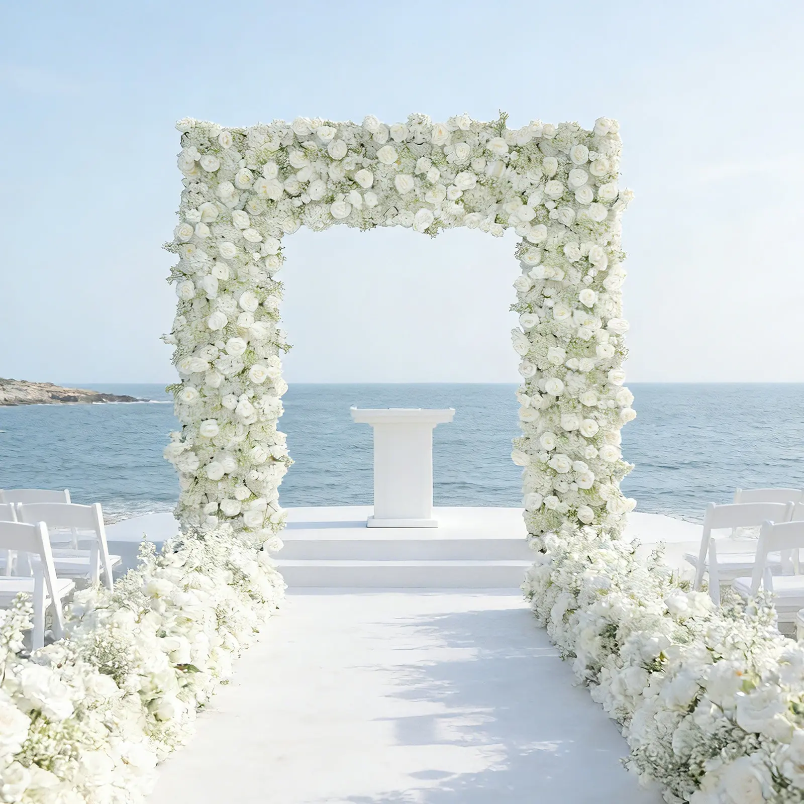 8ftx8ft Roll Up Artificial Flower Backdrop for Arch Stand – White with Fabric Backing – Silk Roses & Baby's Breath Wedding Arch Décor