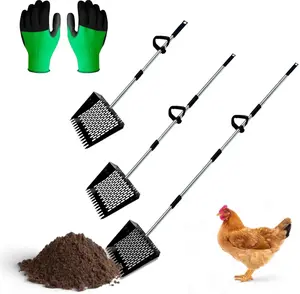 Metal Chicken Poop Scooper for Sand & Rake with Adjustable Handle & Gloves – Lightweight, No Back Pain Sifting Shovel for Fast Clean up Chicken Coop Cleaner, Farm Animal, Gardens, Sand & More