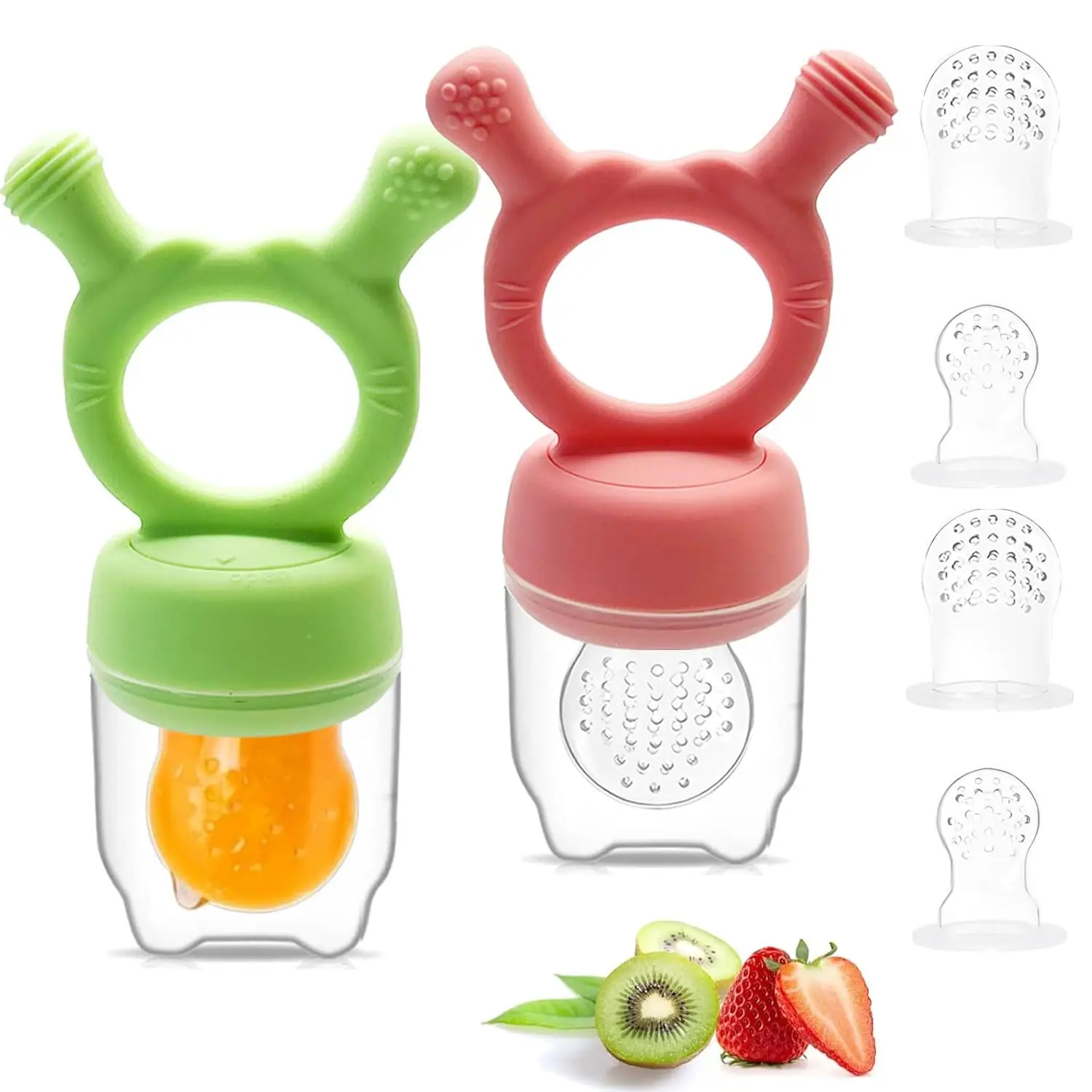 2 Pack Silicone Baby Fruit Feeders & Teethers - Infant Fresh Food Feeders with 3 Size Pouches Each BPA-Free Self Feeding Teething Toys for Babies 6+ M