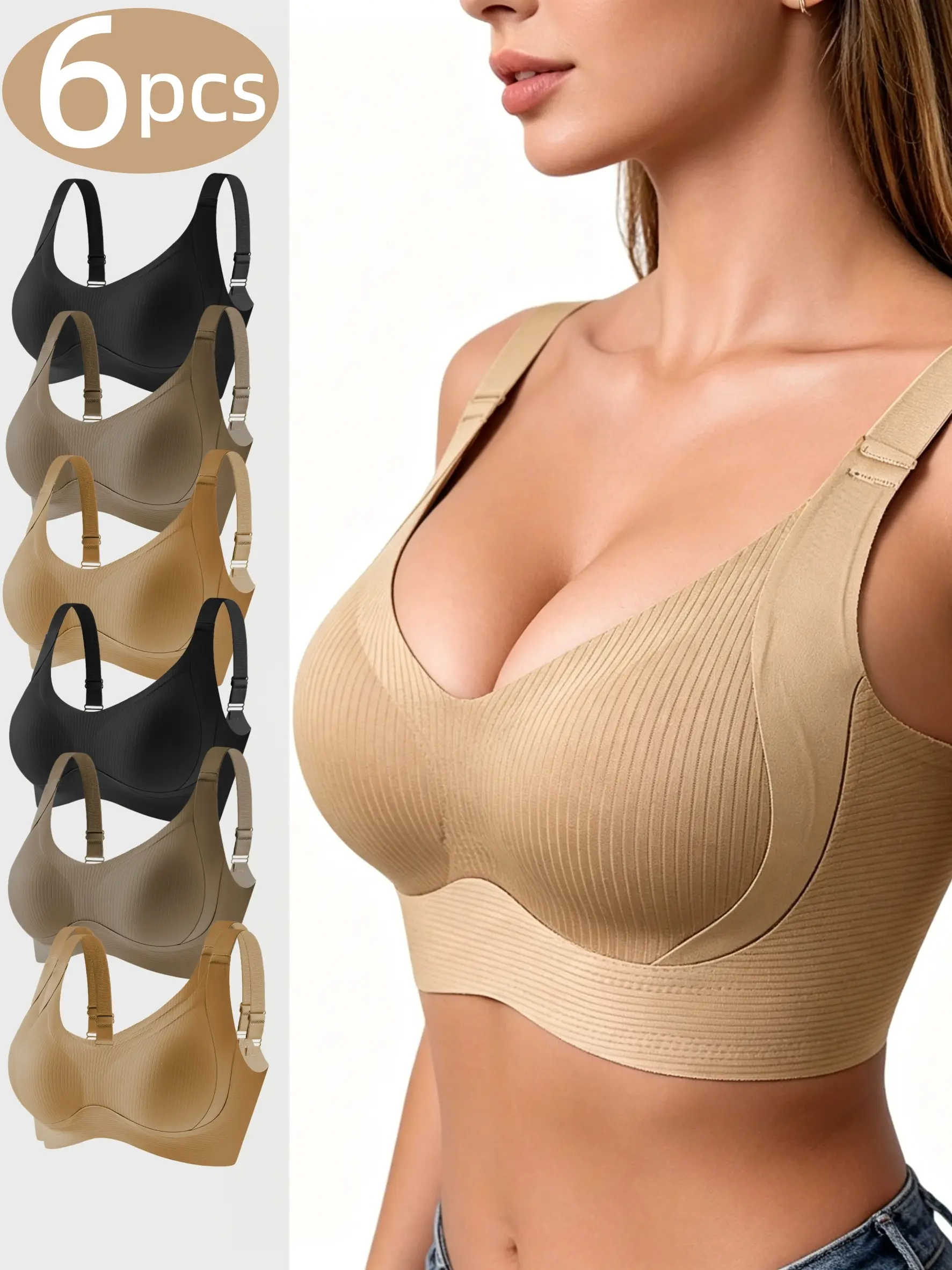 6 PCS Women Seamless Wire Free Everyday Bra, Wide Strap Soft Support Lifting Comfort Bra, Micro Sculpt Smooth Daily Bridal Wireless Underwear Womenswear Elegant Style Clothes Gamis