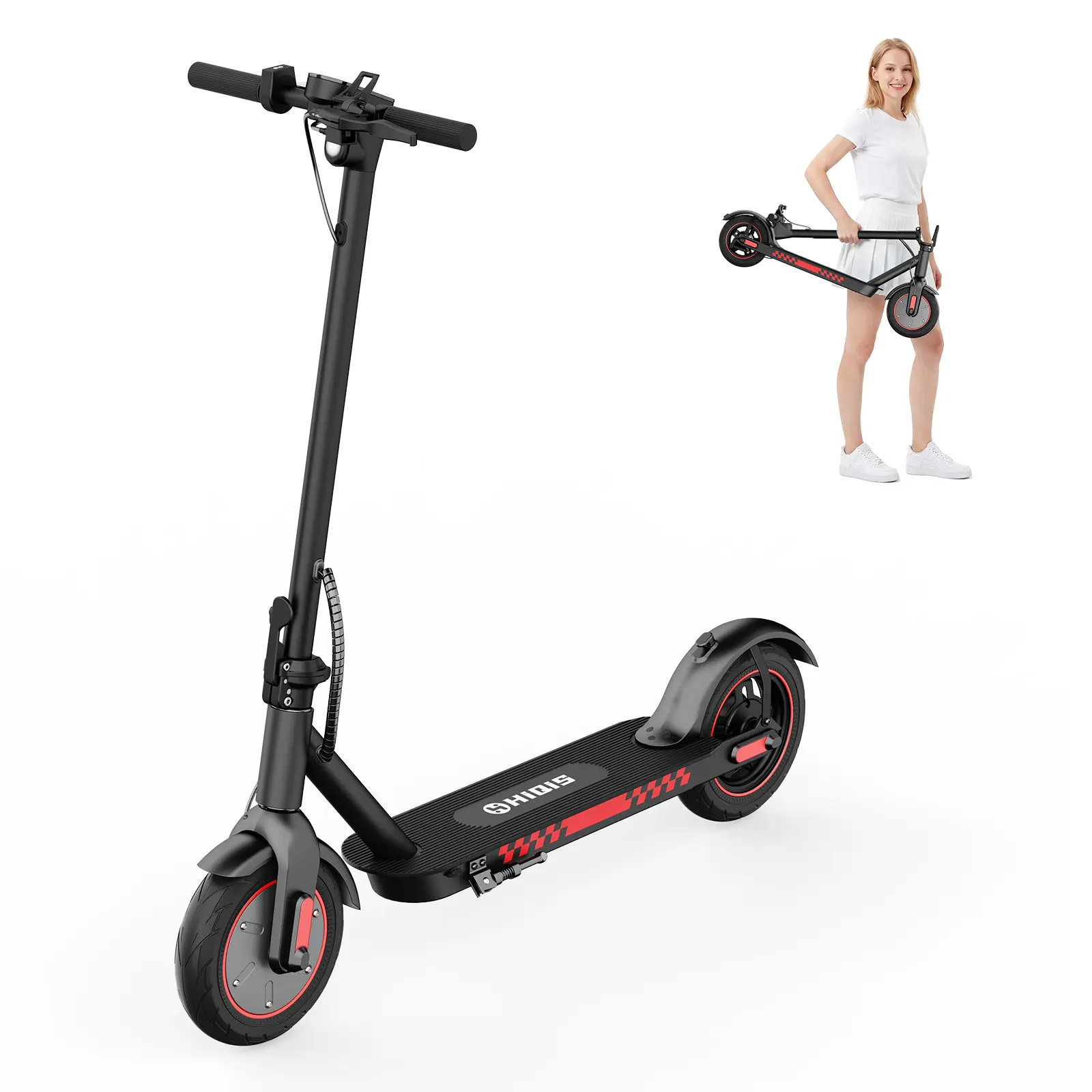 The D9 MAX high-speed electric scooter features 10-inch solid tires, a powerful 350W motor, a range of 16-21 miles, a top speed of 25 mph, dual brakes, LED lights, smart app control, and a foldable aluminum alloy frame.