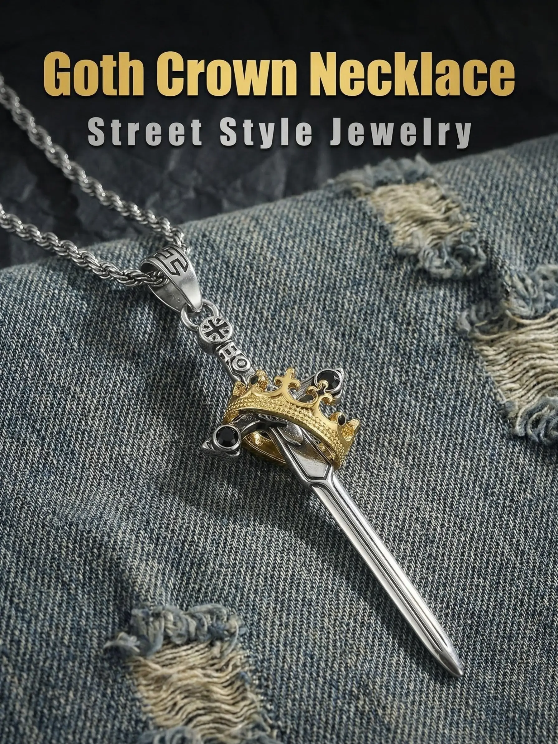 Vintage Inspired Gothic Crown Sword Pendant Necklace, Royal Crown and Holy Sword Amulet, Holy Sword Detail, Retro Stainless Steel Punk Style Men's Necklace, Street Style Jewelry, Chain Necklace