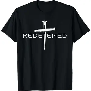Redeemed Thin White Line Three Nails Forming Cross Minimalist Simple Design Black Crew Neck Unisex Christian Faith T-Shirt