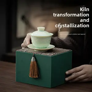 Large Size Jun Glaze Crystallization Sancai Lidded Tea Bowl Gongfu Tea Set with Gift Box for Brewing and Serving Ceremonial Tea
