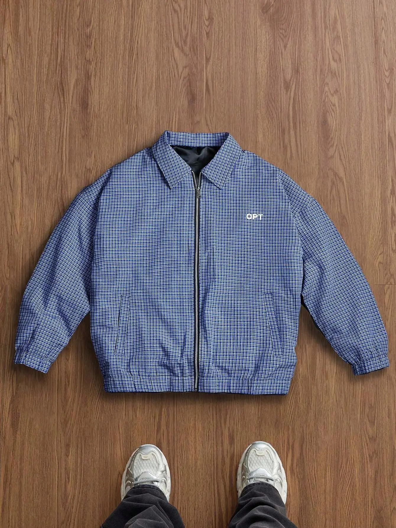 Unisex multi color fine plaid lapel zip up coach jacket – lightweight, wrinkle resistant woven fabric, simple OPT chest print, elastic cuffs, relaxed dropped shoulder cropped fit, American retro collegiate jacket for campus, commuting, and casual outings