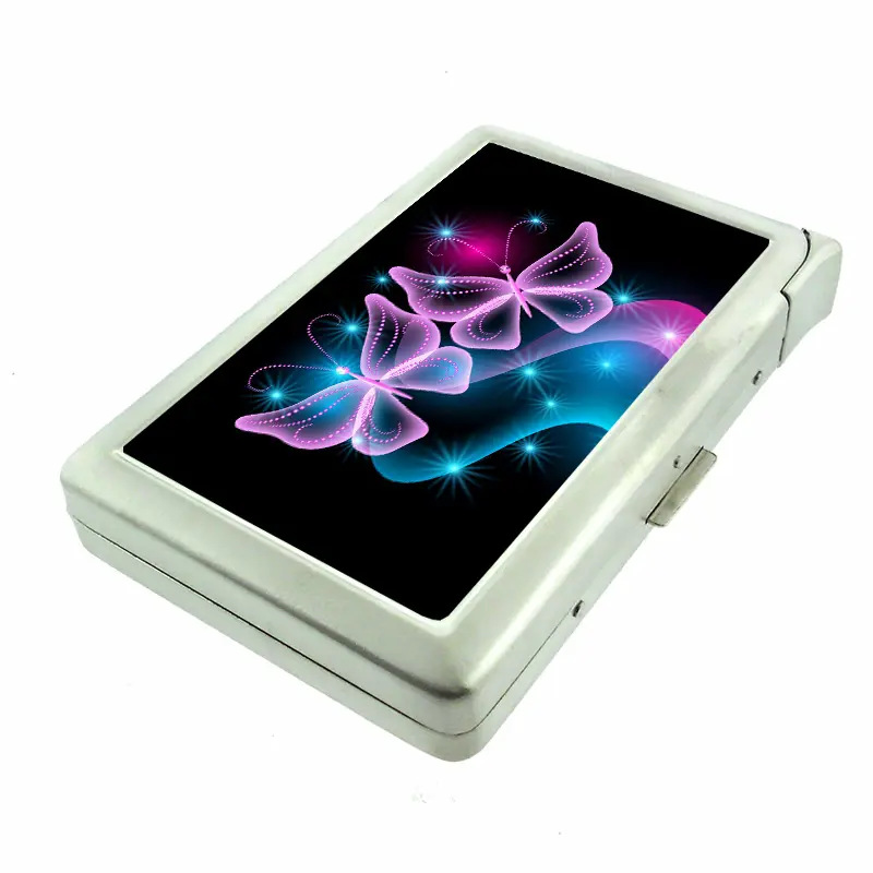 Neon Butterflies 100's Sized Metal Case with Built in Lighter Wallet