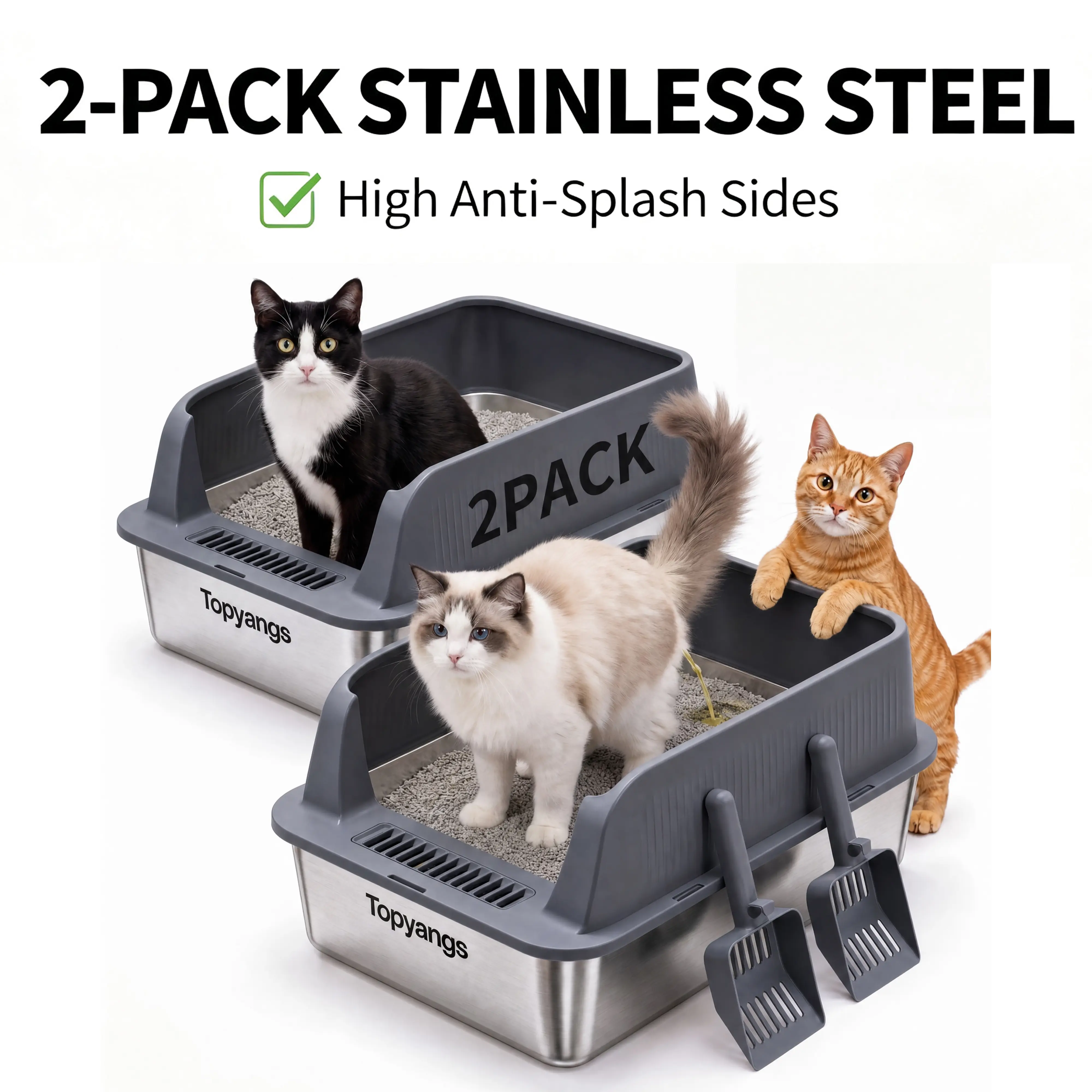 Topyangs 2-Pack Stainless Steel Litter Box, Extra Large Non-Stick Rustproof Metal Tray, High Walls Help Stop Litter Splash & Block Splashing Urine, Easy to Clean for Multi-Cat Households,backtoschool
