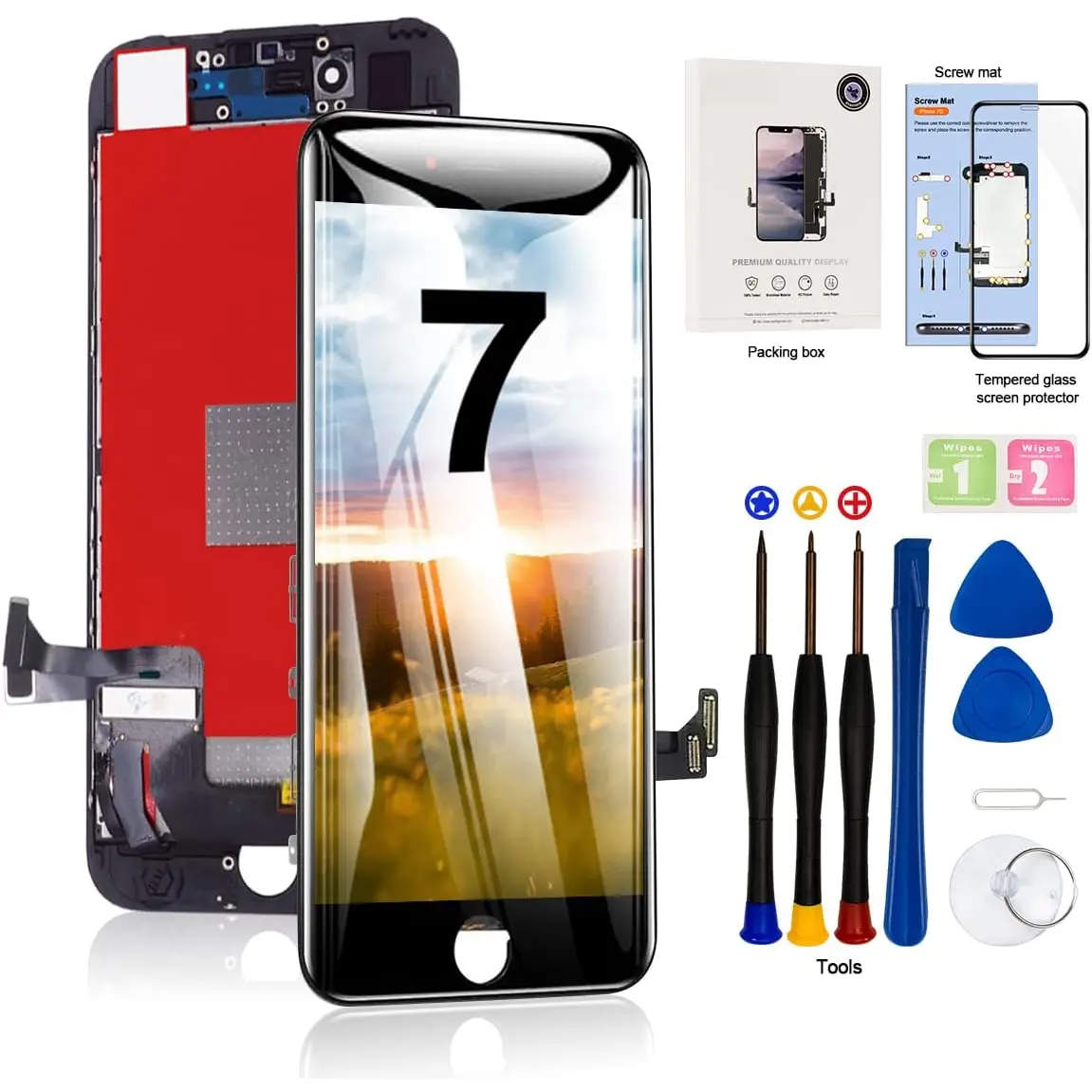 for iPhone 7 LCD Screen Replacement Black 4.7 Inch Frame Assembly Display 3D Touch Screen Digitizer with Repair Tools Kit Tempered Glass Screen Protector for A1660, A1778, A1779 (Black)