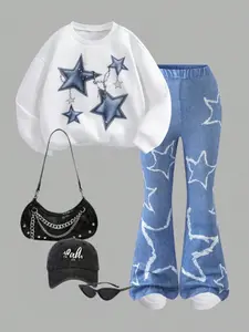 Girls' Casual Star Pattern Long Sleeve Sweatshirt + Bell Bottom Pants Set, Spring & Fall Outdoor Wear, Comfortable Fabric, Perfect Gift