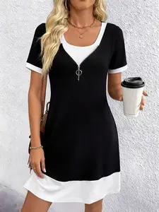 Women's Fashion Elegant Casual Zipper Short Sleeve Solid Color Patchwork Dress, Stylish and Comfortable, Perfect for Daily Wear