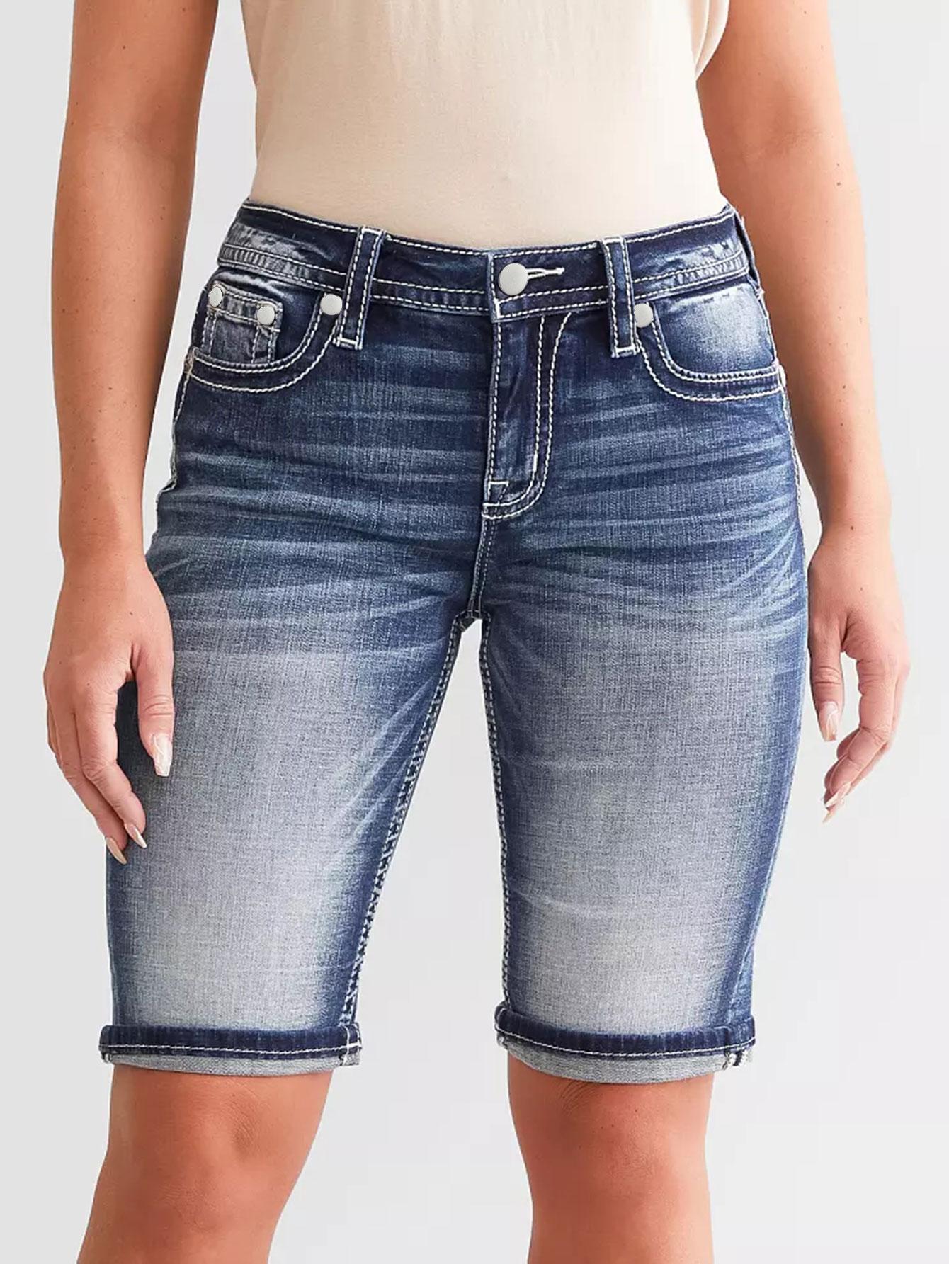 Women Skinny Denim Shorts Back Embroidery Ripped Frayed Raw Hem Distressed Casual