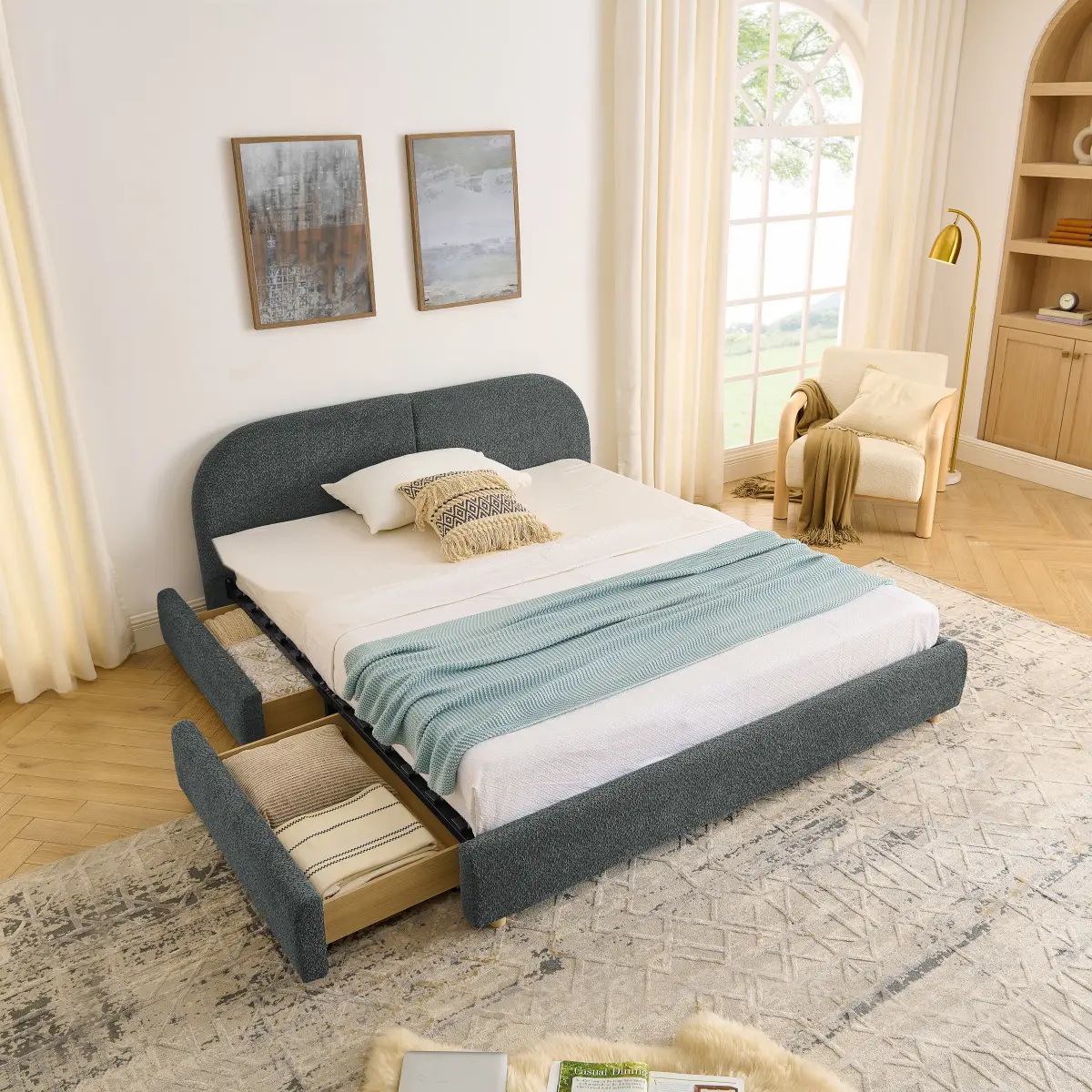 Queen Size Upholstered Bed Frame with Storage Drawers and Headboard, Sturdy Leg Support & Wheeled Drawer Storage, Mattress Not Included -Dark Gray