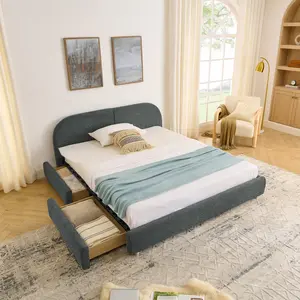 Queen Size Upholstered Bed Frame with Storage Drawers and Headboard, Sturdy Leg Support & Wheeled Drawer Storage, Mattress Not Included -Dark Gray