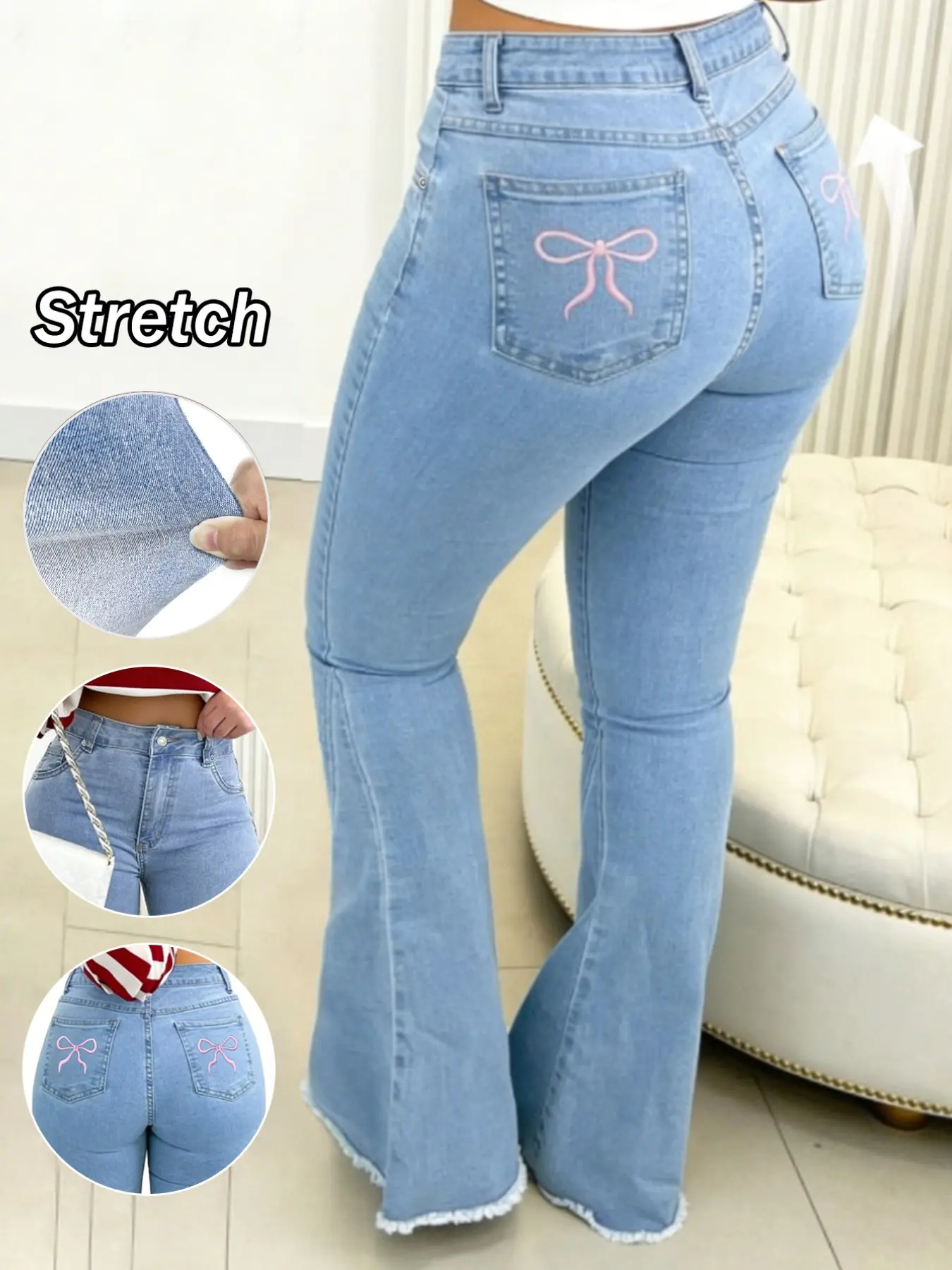 Women's Y2K Flare Jeans, Light Wash, Womenswear, Button Design, Bow Embroidery, Casual Fashion, Chic, Street Style, Streetwear, Daily Wear, Everyday, Fit, Flared, All Seasons Denim Jeans, Pants, Denim Clothing