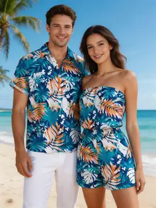 Hawaii Vacation Couple Outfit for Beach Colorblock Tropical Monstera Leaf Print Pocket Off the Shoulder Romper and Shirt Set