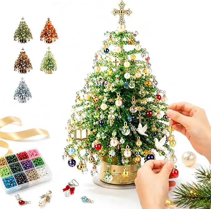 DIY Beaded Christmas Tree Kit, CrystalChristmas Craft Set with Colorful BeadsOrnament Charms, Metal Tree Frame & AngelTopper, Handmade Holiday Decor, Warm GlowTabletop Decoration, Creative Christmas Gift