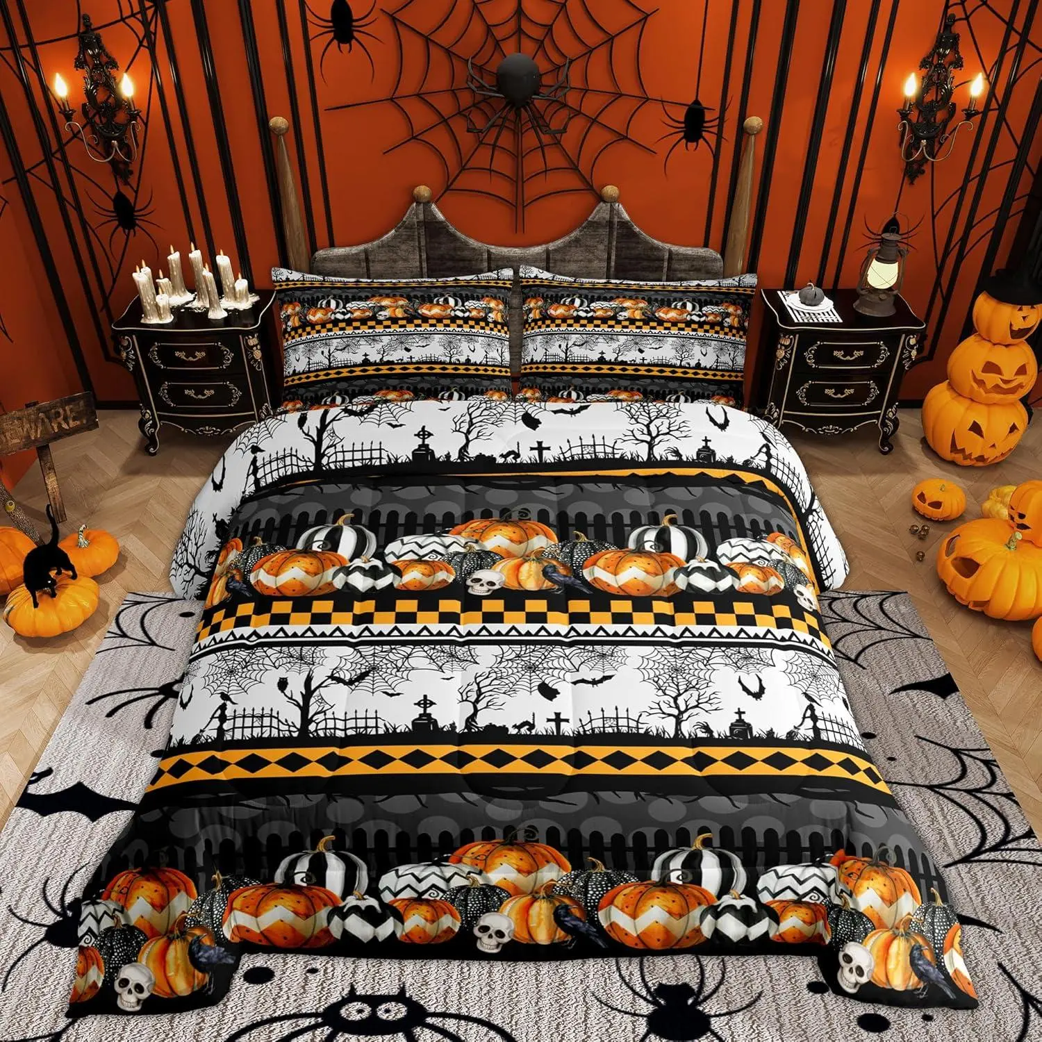 Halloween Pumpkin Lantern Comforter Set,Cartoon Bat Spider Web Quilt Set,Black Orange Patchwork Plaid Bedding Set,Gothic Festival Decor Duvet Insert