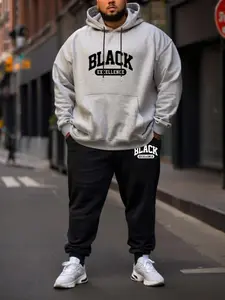 【Plus Size】 Letter Print Cozy Hoodie & Sweatpants Set, Casual Long Sleeve Hooded Sweatshirt & Jogger Pants, Men's Two-piece Outfits for Fall & Winter, Clothes, Menswear