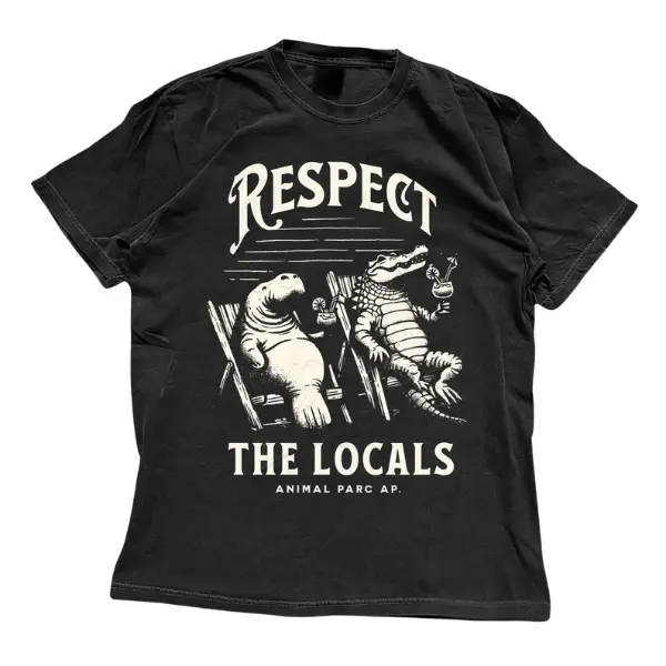 Women's Graphic T-Shirt - Respect The Locals Vintage Everglades Florida Crocodile Manatee Casual Cotton Crewneck Short-Sleeve Unisex Streetwear Top, Florida Lifestyle Gift