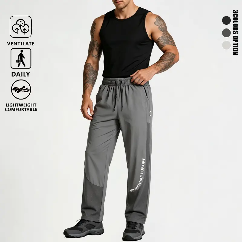 Men’s ice silk quick-dry athletic long pants with mesh panels, breathable straight-leg casual trousers featuring an elastic drawstring waist—ideal for outdoor fitness, running, and everyday commuting.