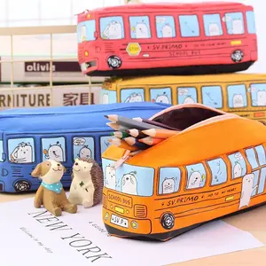 Pencil Pouch Cute Cartoon City Bus Pencil Pouch Large Canvas Zipper Pencil Case Stationery Organizer Pen Bags Soft Pencil Box Holder Storage and Organization Supplies