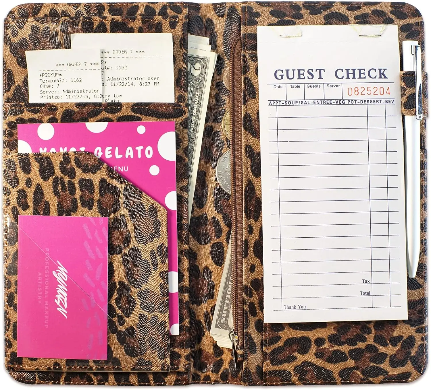 Server Book for Waitress Book with Zipper Pocket, 5x9 Leopard Magnetic Closure Server Wallet with Money Pocket and Zipper Pouch, Restaurant Waitstaff