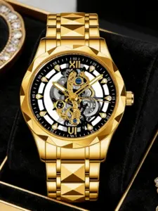 Luxury Mechanical Watch, Automatic Movement, Waterproof, Night Glow, Diamond Embellished, Business Formal Golden Strap