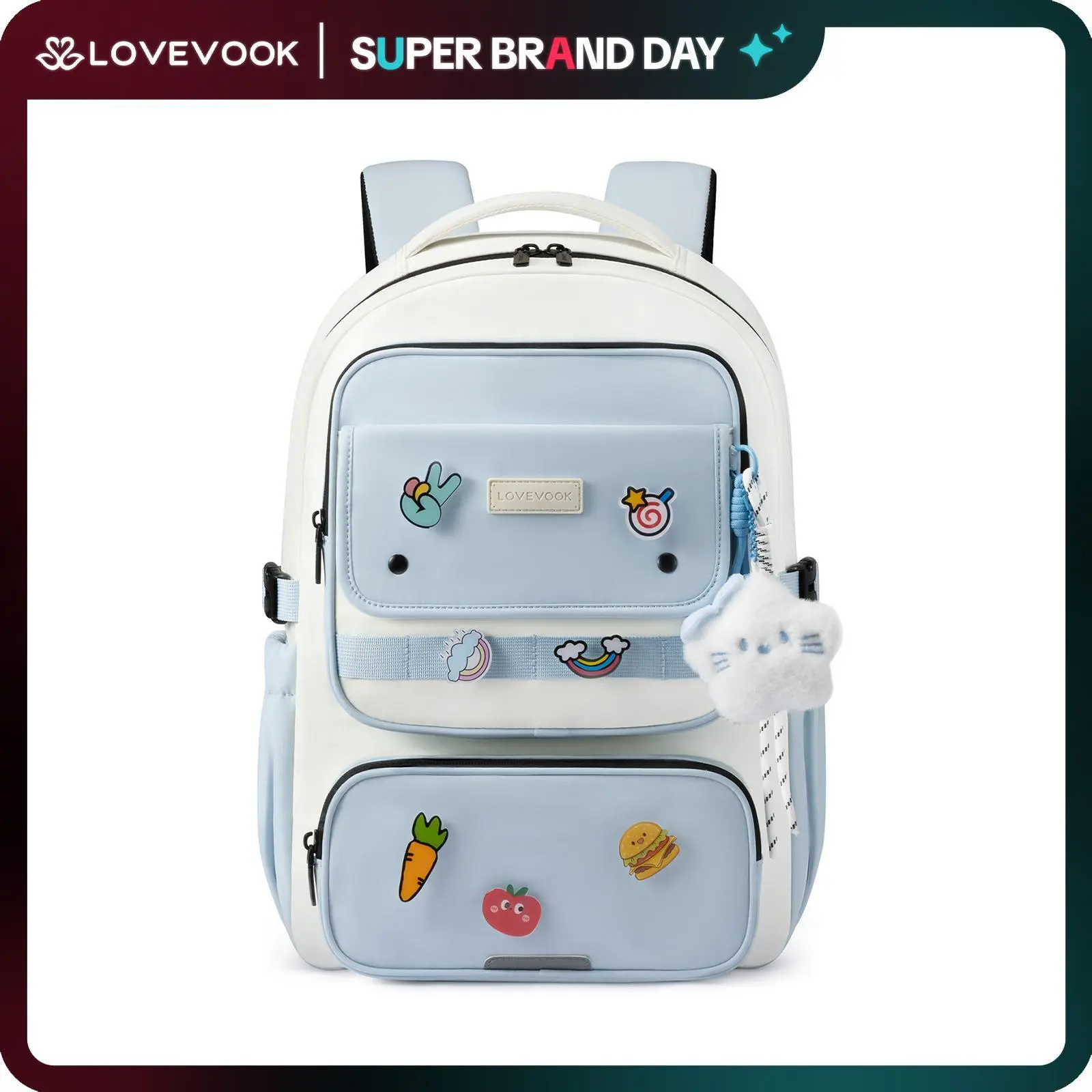 LOVEVOOK School Backpack for Teen Girl, Cute Bookbag with Large Bottle Holder, Lightweight Elementary Middle High School Student Backpack Fits 15.6 Inch Laptop, Back to Schools Kid Gift, Blue-Cream
