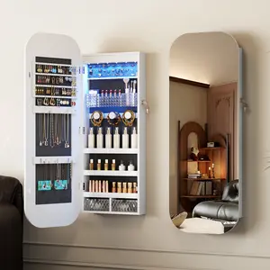 Miu LED Mirror Jewelry Cabinet, Wall/Door Mounted Full Length Mirror with Storage, Lockable Jewelry Armoire with Mirror, Rounded Corner Hanging Mirror Jewelry Organizer