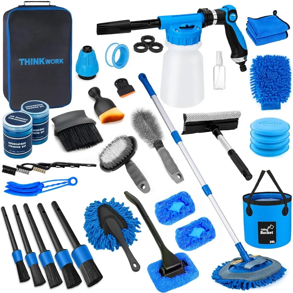 Wash Kit, Detailing Kit with Foam Gun, Wash Brush Mop and Large Folding Bucket Suitable For Car Cleaning, Blue Wash Set Gift for Men and Women