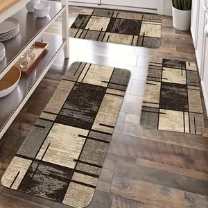 2pcs Brown patchwork plaid style kitchen floor mats, diatomite material rubber non-slip backing long foot mats, easy to clean, absorbent anti-fouling foot mats, soft and comfortable, suitable for bathrooms, kitchens, entrances, decorative rugs
