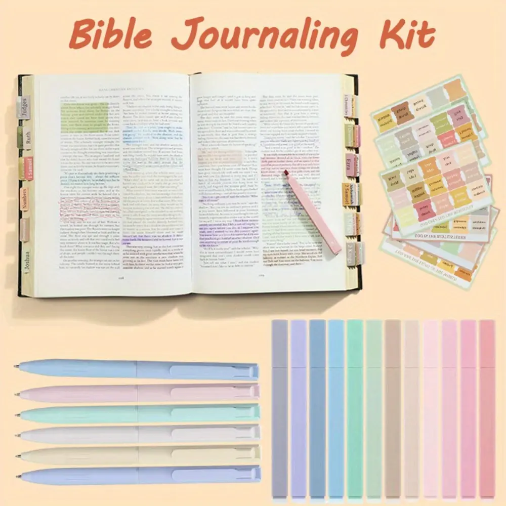 12Pcs Pastel Bible Highlighters and 6Pcs Pens with 90 Laminated Tabs, Bible Study Kit for Women & Men Office School, Christian Study Supplies