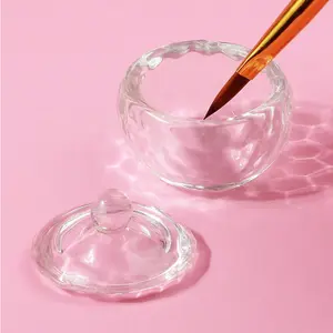 Apple Shaped Glass Nail Dappen Dish with Lid, Clear Crystal Nail Art Brush Cleaning Cup, Hammered Texture Liquid Holder for Acrylic & UV Gel, Manicure Tool