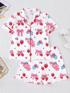 Girls' Strawberry Bow Sleepwear Set, Fire Retardant Fashion Short Sleeve Shirt & Ruffle Shorts, Casual Cartoon Print Pajamas