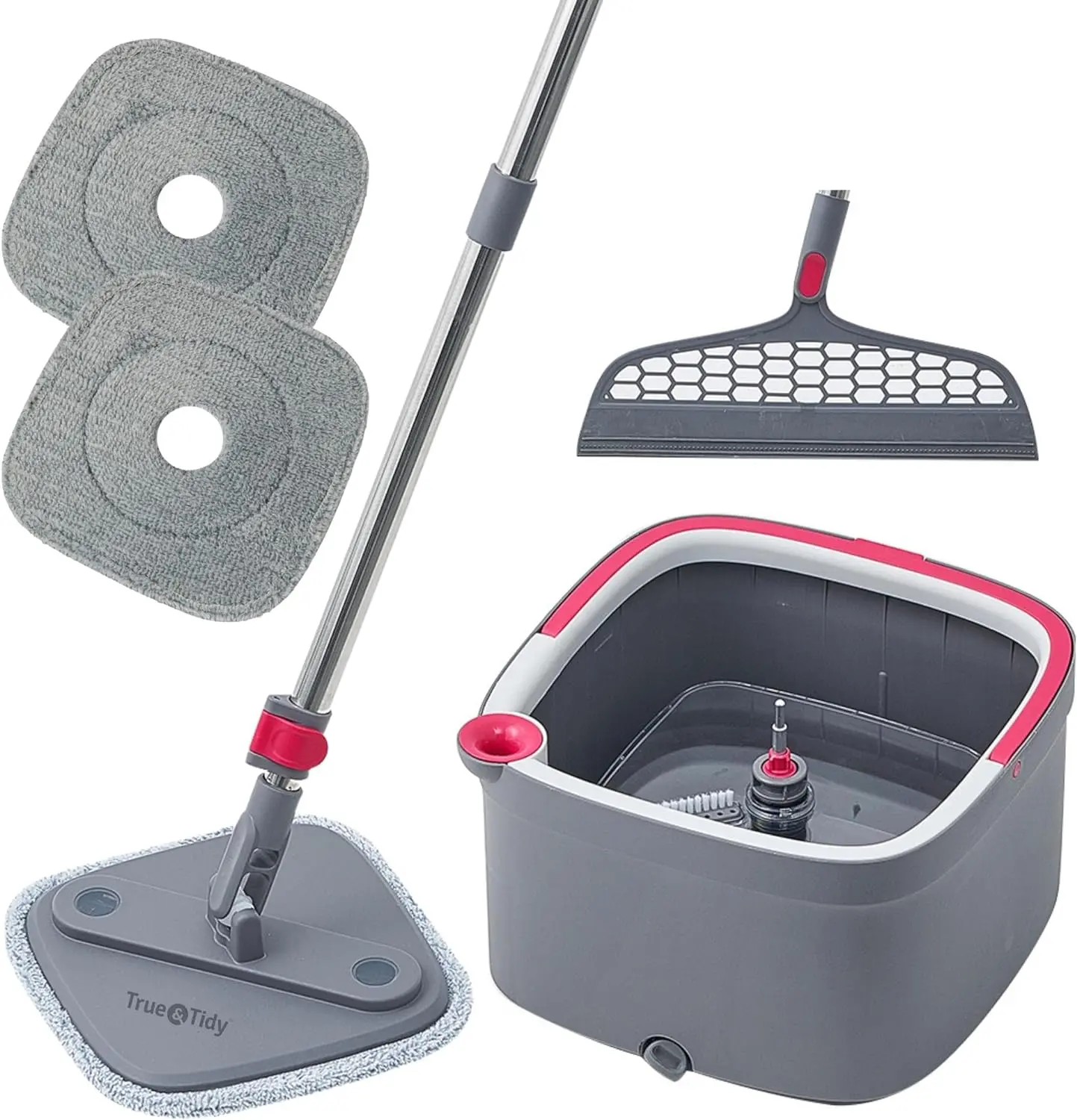True & Tidy True Clean Mop and Bucket System, Includes Square Spin Mop, Dual Compartment Mop Bucket and 2 Thick Machine Washable Mop Pads, Extra Squeegee Sweeper Mop Head