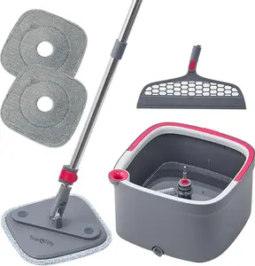 True & Tidy True Clean Mop and Bucket System, Includes Square Spin Mop, Dual Compartment Mop Bucket and 2 Thick Machine Washable Mop Pads, Extra Squeegee Sweeper Mop Head