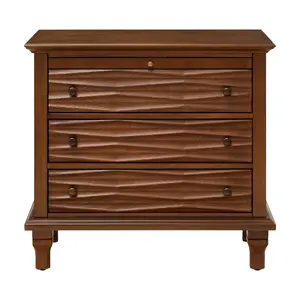 Premium farmhouse-style nightstand with built-in charging station, 3 drawers, wooden nightstand, classic bedroom storage cabinet, warm walnut brown