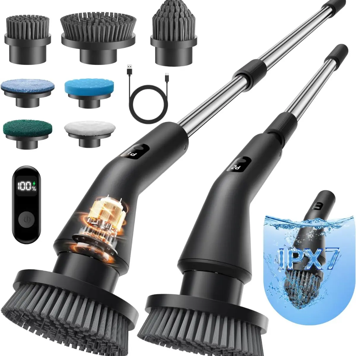 Leebein Cordless Electric Spin Scrubber 2026 Upgraded, IPX7 Waterproof, 7 Brush Heads, Extendable Long Handle Power Scrubber for Bathtub, Floor (Household Electric Cleaning Brush Appliance)