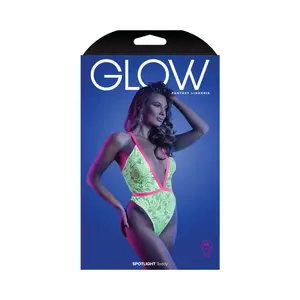 Fantasy Lingerie Glow Spotlight Contrast Elastic Lace Teddy with Snap Closure Neon Green L/XL